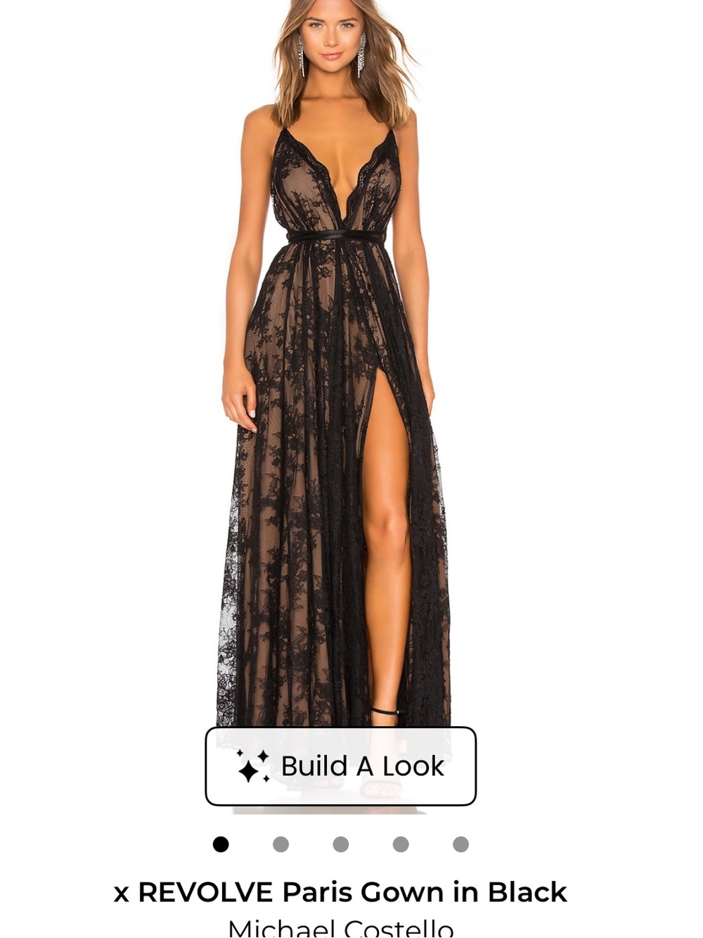 Michael Costello Black Lace Maxi Gown with Nude Lining and Plunge